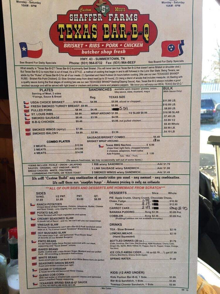 Shaffer Farms - Texas Bar-B-Q Custom Meats - Summertown, TN